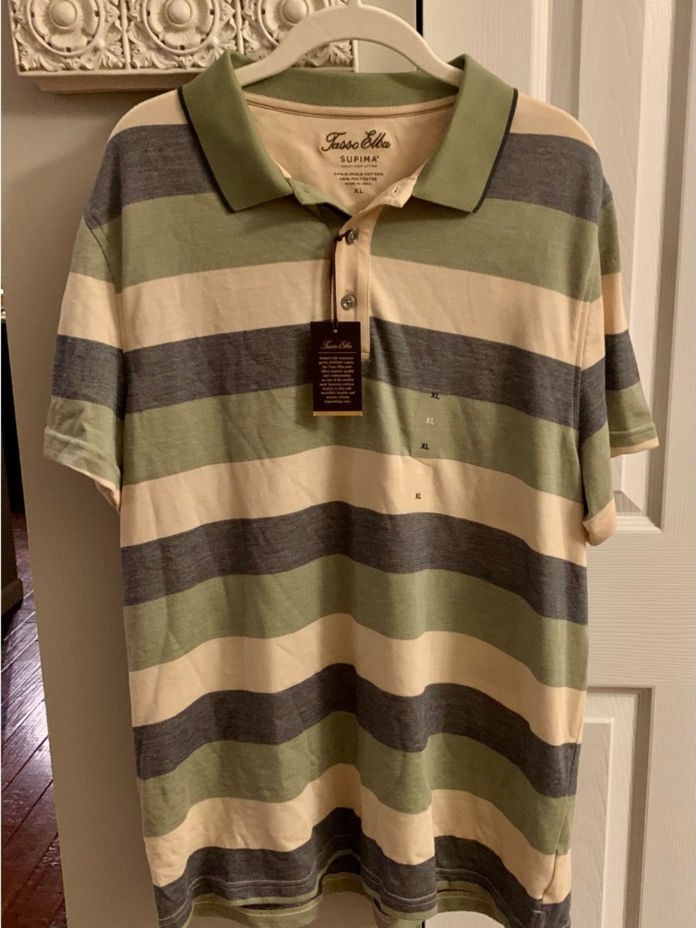 Tasso Elba Men's Striped Polo in Sage, Navy & Cream SUPIMA Cotton NWT - XL